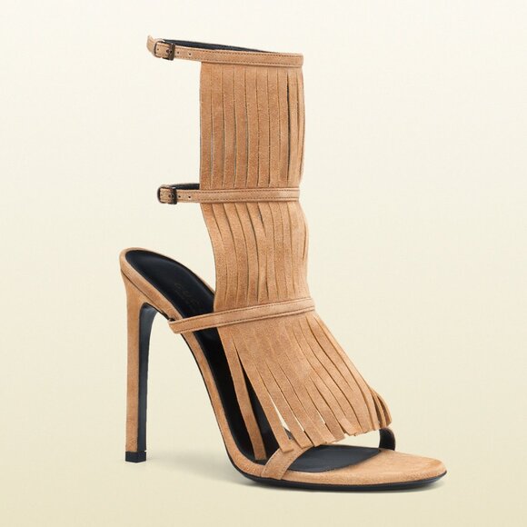 GUCCI SHOES BECKY BEIGE SUEDE FRINGED HIGH HEEL SANDAL sz 36.5 / 6.5 - Picture 9 of 9